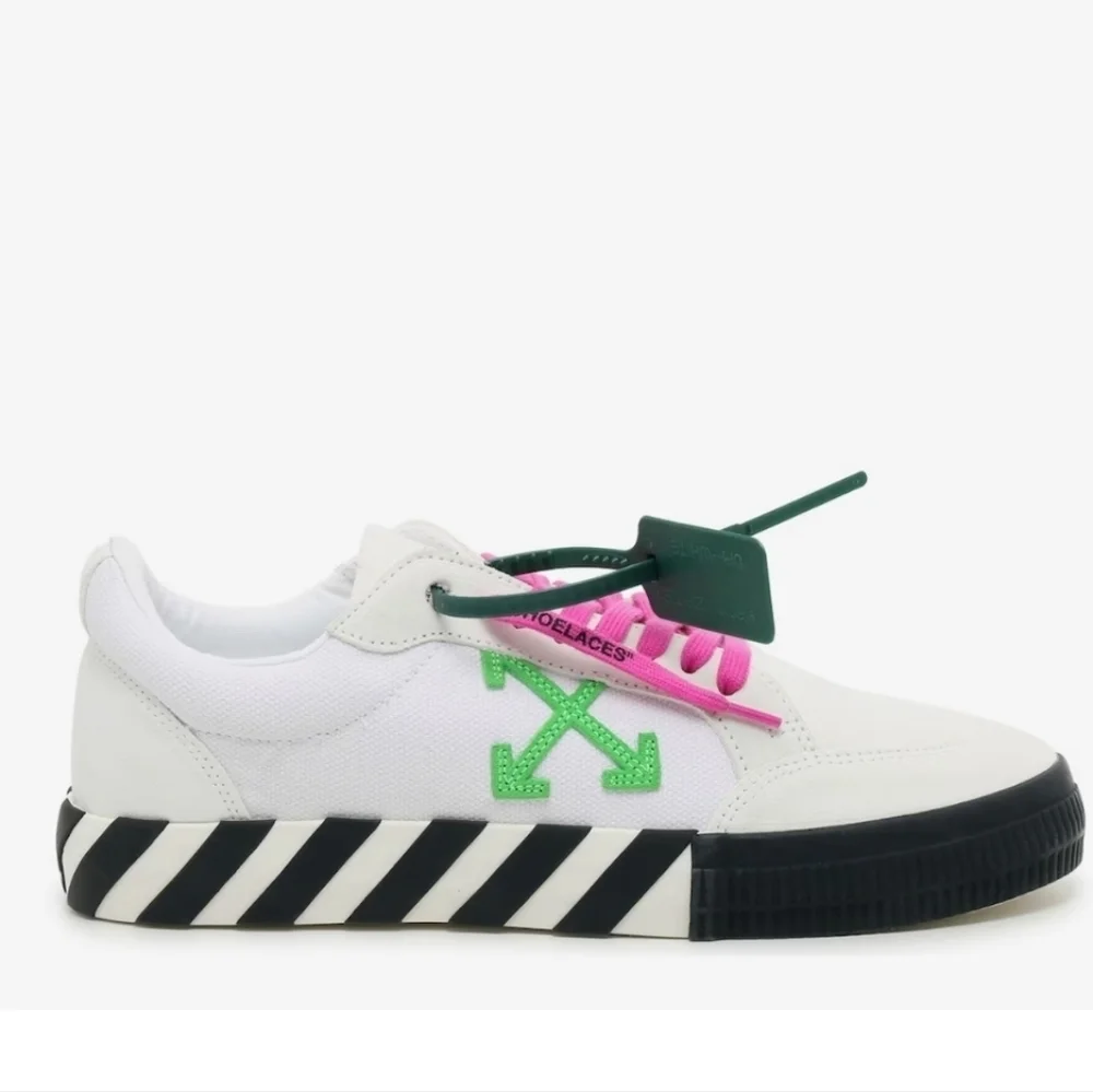 OFF WHITE, Low Vulcanized Sneaker, Men's, White/Magenta/Lime Green Canas & Suede